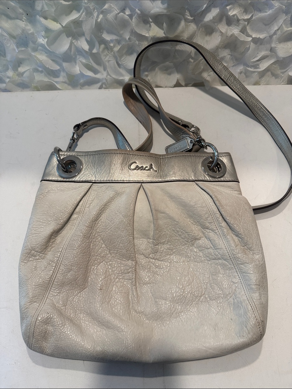 Coach Light Gray Pebbled Leather Crossbody Bag with Silver Accents